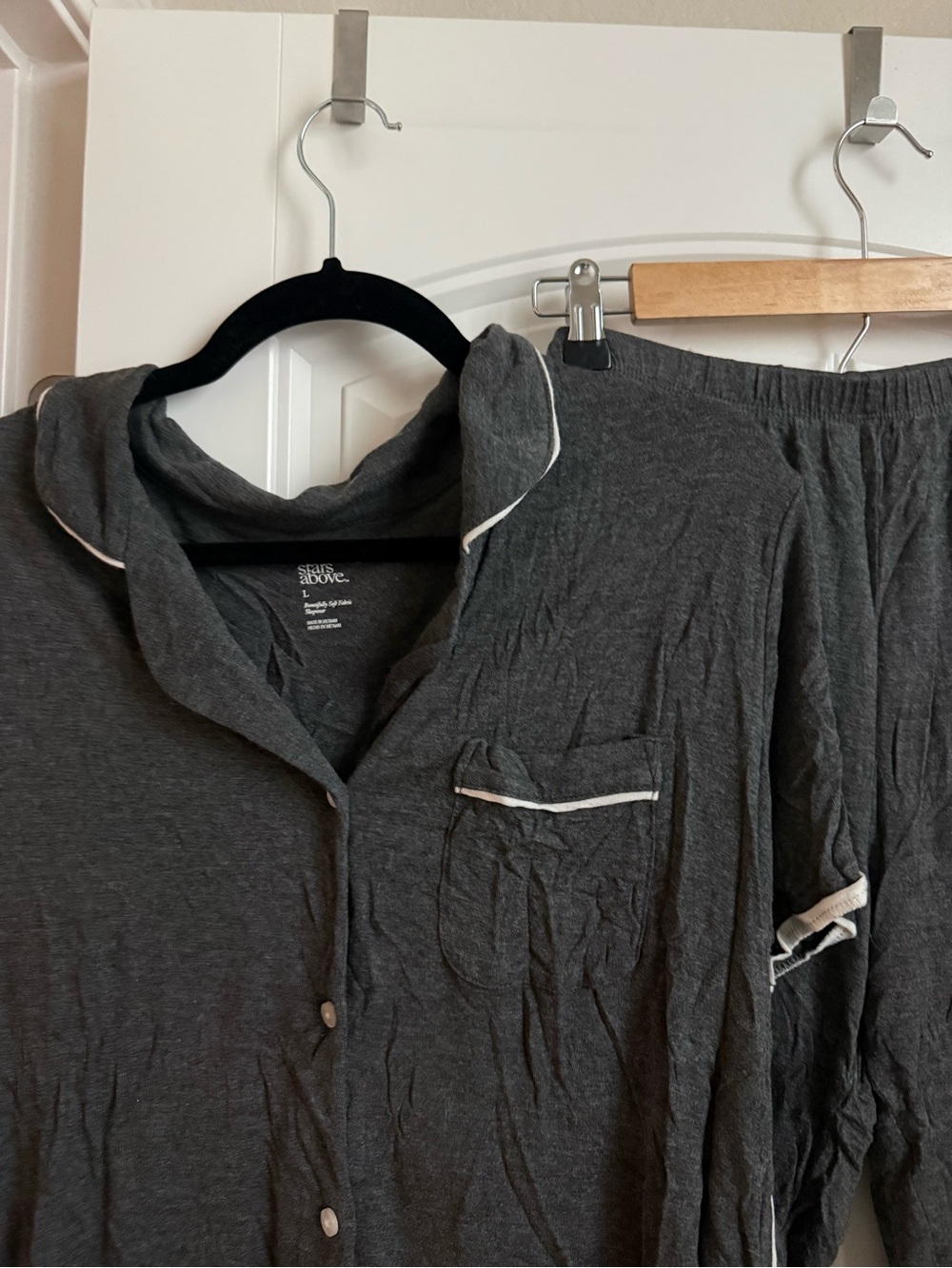 stars above Charcoal Gray Button-Front Pajama Set with White Piping - Picture 3 of 4